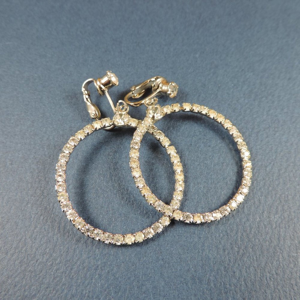 Vintage | Silver tone Rhinestone clip-on Hoops